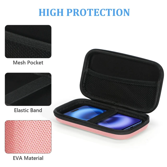 Alt view image 4 of 7 - Pink Portable Hard EVA Case, Small Zipper Travel Pouch Organizer | High Protection Bag for Battery, GPS, Hard Drive, Cell Phone, Charging Cable, Cord, Electronic Organizer