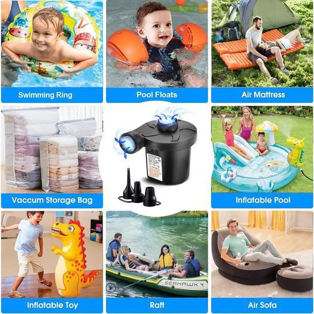 Alt view image 2 of 7 - Electric Air Pump, Portable Quick-Fill Air Mattress Pumps for Inflatable Cushions with 3 Nozzles, 110V AC/12V DC, Inflator/Deflator for Outdoor Camping, Air Sofa, Boats, Pool Toys, Pool Floats, Airbed