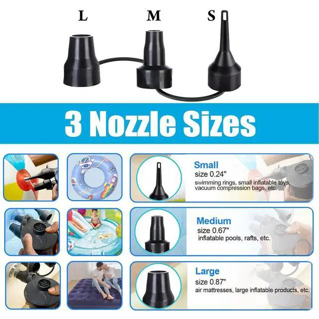 Alt view image 4 of 7 - Electric Air Pump, Portable Quick-Fill Air Mattress Pumps for Inflatable Cushions with 3 Nozzles, 110V AC/12V DC, Inflator/Deflator for Outdoor Camping, Air Sofa, Boats, Pool Toys, Pool Floats, Airbed