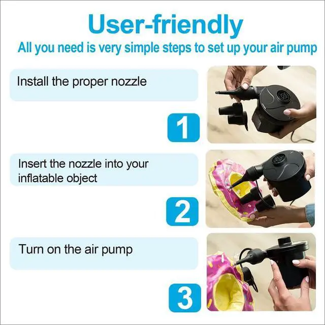 Alt view image 6 of 7 - Electric Air Pump, Portable Quick-Fill Air Mattress Pumps for Inflatable Cushions with 3 Nozzles, 110V AC/12V DC, Inflator/Deflator for Outdoor Camping, Air Sofa, Boats, Pool Toys, Pool Floats, Airbed