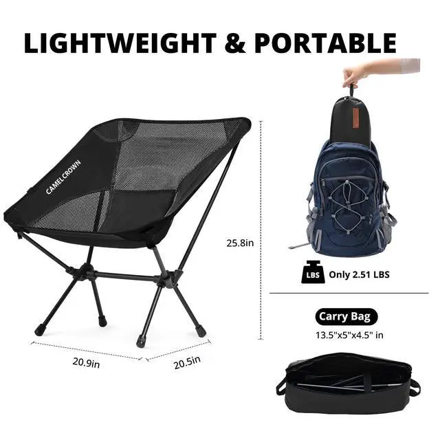 Alt view image 2 of 7 - Camping Chair Heavy Duty Backpacking Chair - Ultra-Light Folding Chair with Carry Bag, Portable Compact for Outdoor, Lawn, Hiking, Beach, Picnic