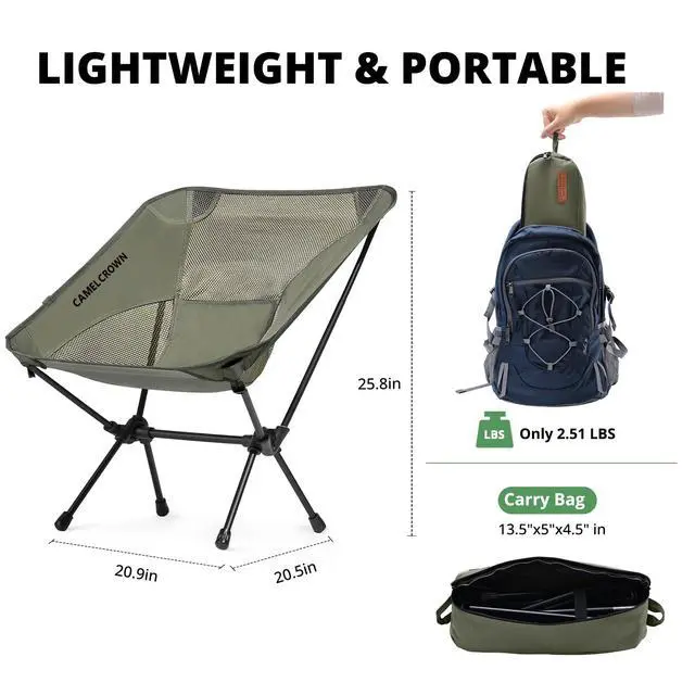 Alt view image 2 of 7 - Camping Chair Heavy Duty Backpacking Chair - Ultra-Light Folding Chair with Carry Bag, Portable Compact for Outdoor, Lawn, Hiking, Beach, Picnic
