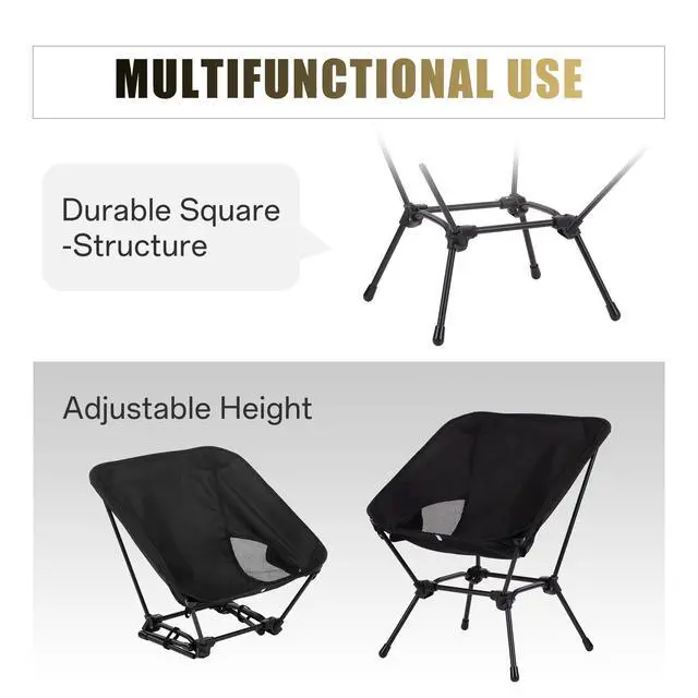 Alt view image 3 of 7 - Camping Chair, Portable Lightweight Foldable Chair with 2-in-1 Height Adjustable Stable Square Frame, Quick Setup Outdoor Chair with Carry Bag for Hiking, Beach, Fishing, Motorcycle Travel