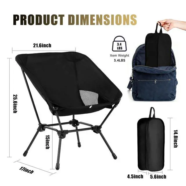 Alt view image 2 of 7 - Camping Chair, Portable Lightweight Foldable Chair with 2-in-1 Height Adjustable Stable Square Frame, Quick Setup Outdoor Chair with Carry Bag for Hiking, Beach, Fishing, Motorcycle Travel