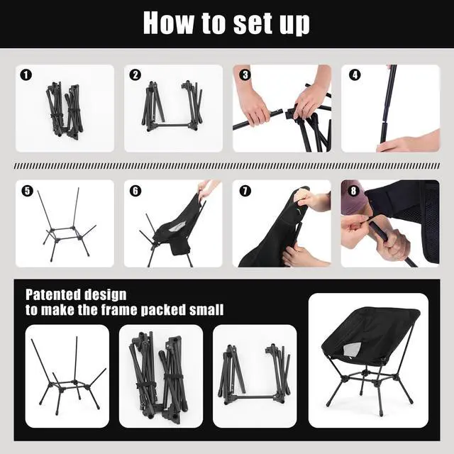 Alt view image 4 of 7 - Camping Chair, Portable Lightweight Foldable Chair with 2-in-1 Height Adjustable Stable Square Frame, Quick Setup Outdoor Chair with Carry Bag for Hiking, Beach, Fishing, Motorcycle Travel