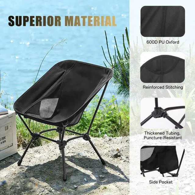 Alt view image 7 of 7 - Camping Chair, Portable Lightweight Foldable Chair with 2-in-1 Height Adjustable Stable Square Frame, Quick Setup Outdoor Chair with Carry Bag for Hiking, Beach, Fishing, Motorcycle Travel