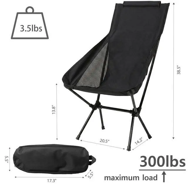 Alt view image 2 of 5 - Portable Camping Chair Foldable Outdoor Chair for Hiking Camp Backpacking Lawn Beach Fishing Picnic with Carry Bag (High-Back | Black)