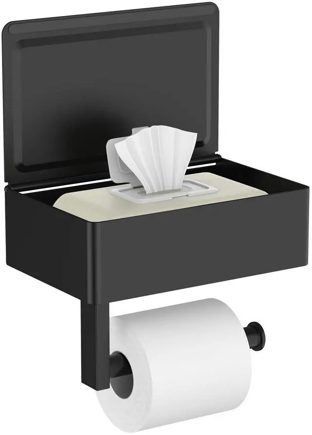 Main image of Toilet Paper Holder with Shelf, Sanitary Napkin Receptacle Tampon Holder, Wall Mount Toilet Paper Holder with Storage, Flushable Wipes Dispenser Fits for Bathroom Commercial(1, Matte Black)