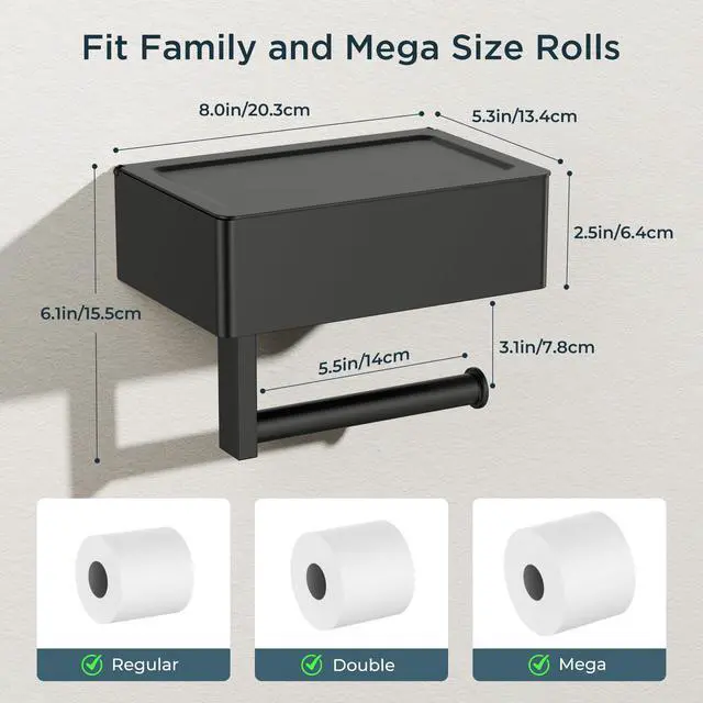 Alt view image 2 of 7 - Toilet Paper Holder with Shelf, Sanitary Napkin Receptacle Tampon Holder, Wall Mount Toilet Paper Holder with Storage, Flushable Wipes Dispenser Fits for Bathroom Commercial(1, Matte Black)