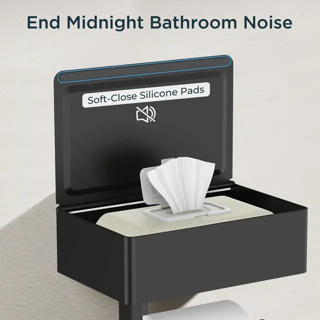 Alt view image 3 of 7 - Toilet Paper Holder with Shelf, Sanitary Napkin Receptacle Tampon Holder, Wall Mount Toilet Paper Holder with Storage, Flushable Wipes Dispenser Fits for Bathroom Commercial(1, Matte Black)