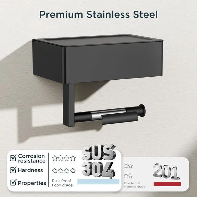 Alt view image 5 of 7 - Toilet Paper Holder with Shelf, Sanitary Napkin Receptacle Tampon Holder, Wall Mount Toilet Paper Holder with Storage, Flushable Wipes Dispenser Fits for Bathroom Commercial(1, Matte Black)