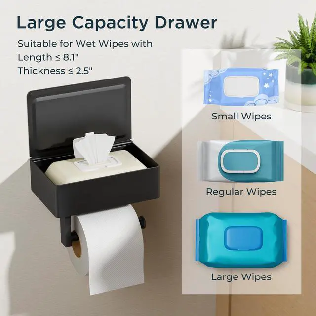 Alt view image 7 of 7 - Toilet Paper Holder with Shelf, Sanitary Napkin Receptacle Tampon Holder, Wall Mount Toilet Paper Holder with Storage, Flushable Wipes Dispenser Fits for Bathroom Commercial(1, Matte Black)