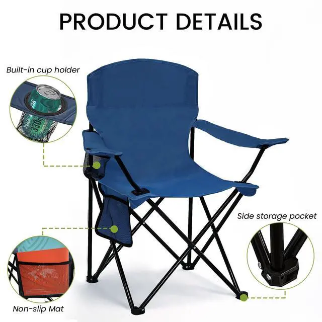 Alt view image 4 of 7 - Folding Camping Chair with Cup Holder & Side Storage Bag 300lbs Capacity Lightweight High Back Portable for Beach, Picnic, Sport, Cyan