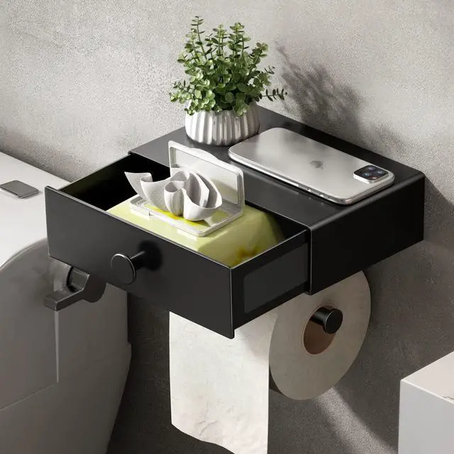 Main image of Toilet Paper Holder with Shelf Black Wipes Dispenser for Bathroom Toilet Paper Holder with Storage Upgrade Drawer Design Toilet Tissue Holder Adhesive Small Bathroom Shelf Wall Mount