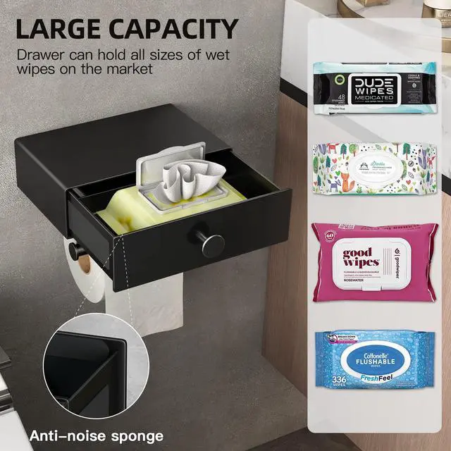 Alt view image 2 of 6 - Toilet Paper Holder with Shelf Black Wipes Dispenser for Bathroom Toilet Paper Holder with Storage Upgrade Drawer Design Toilet Tissue Holder Adhesive Small Bathroom Shelf Wall Mount