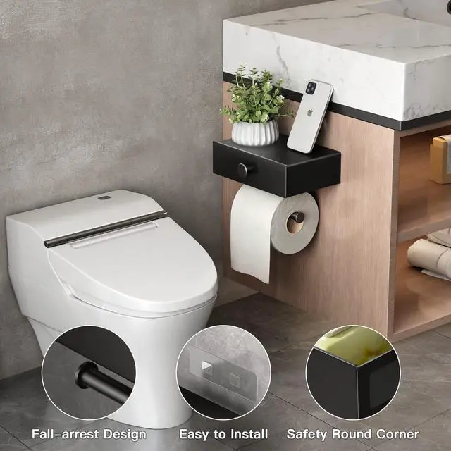 Alt view image 3 of 6 - Toilet Paper Holder with Shelf Black Wipes Dispenser for Bathroom Toilet Paper Holder with Storage Upgrade Drawer Design Toilet Tissue Holder Adhesive Small Bathroom Shelf Wall Mount