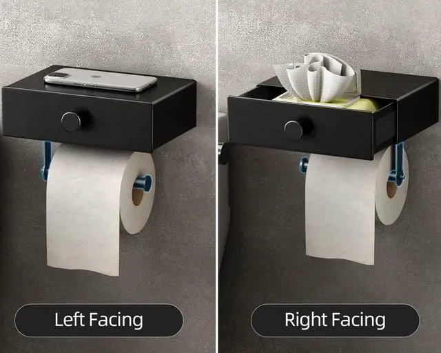 Alt view image 4 of 6 - Toilet Paper Holder with Shelf Black Wipes Dispenser for Bathroom Toilet Paper Holder with Storage Upgrade Drawer Design Toilet Tissue Holder Adhesive Small Bathroom Shelf Wall Mount