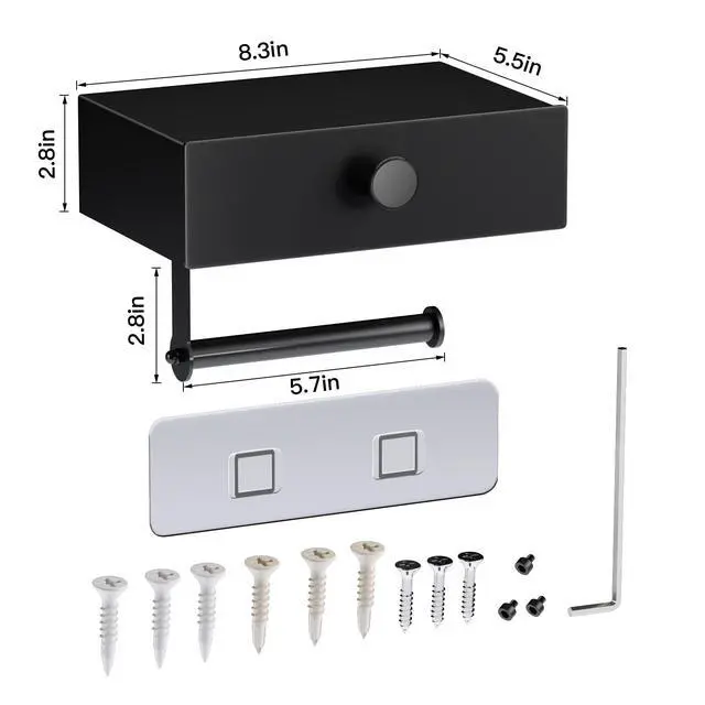 Alt view image 6 of 6 - Toilet Paper Holder with Shelf Black Wipes Dispenser for Bathroom Toilet Paper Holder with Storage Upgrade Drawer Design Toilet Tissue Holder Adhesive Small Bathroom Shelf Wall Mount