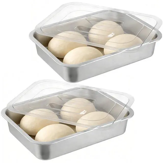 Main image of 2 Pcs Pizza Dough Proofing Box -14.1x10.6 Inch Stainless Steel Pizza Dough Trays with Clear Lid, Household Pizza Bread Proofing Storage Container, Fits 4-6 Dough Balls