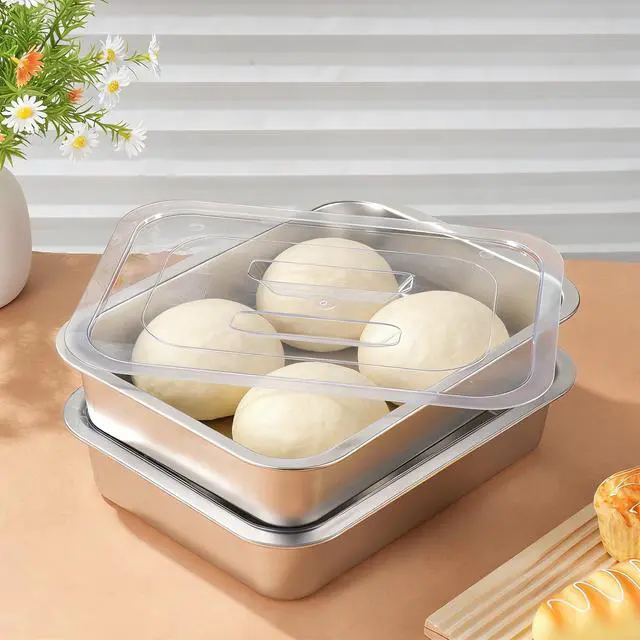 Alt view image 3 of 7 - 2 Pcs Pizza Dough Proofing Box -14.1x10.6 Inch Stainless Steel Pizza Dough Trays with Clear Lid, Household Pizza Bread Proofing Storage Container, Fits 4-6 Dough Balls