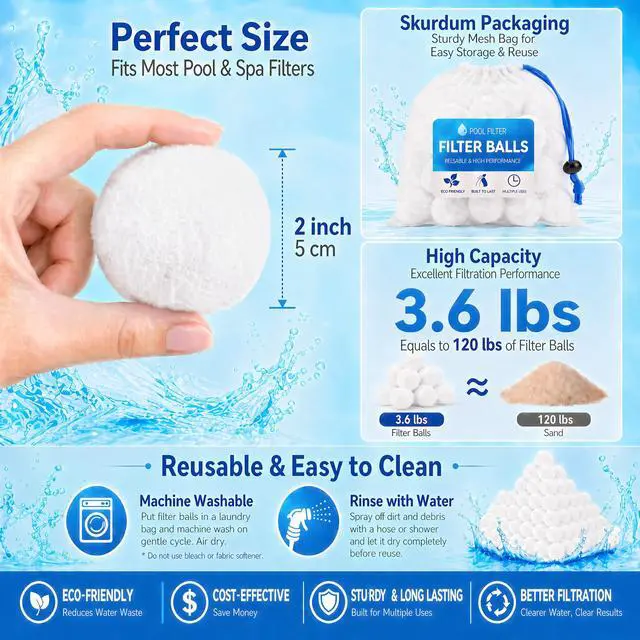 Alt view image 4 of 7 - 3.6 LBs Pool Filter Balls for Sand Filter, Reusable Pool Sand Filter Balls, Eco-Friendly Pool Filter Media Balls for Swimming Pool, Aquarium Tank (Equals 120 LBs Pool Filter Sand, White)