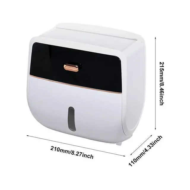 Alt view image 2 of 7 - Toilet Paper Holder Wall Mount, Self Adhesive Paper Towels Holder with Drawer and Shelf Watertight Tissue Dispenser Semi-Auto Switch Toilet Tissue Roll Holders for Bathroom(Black)