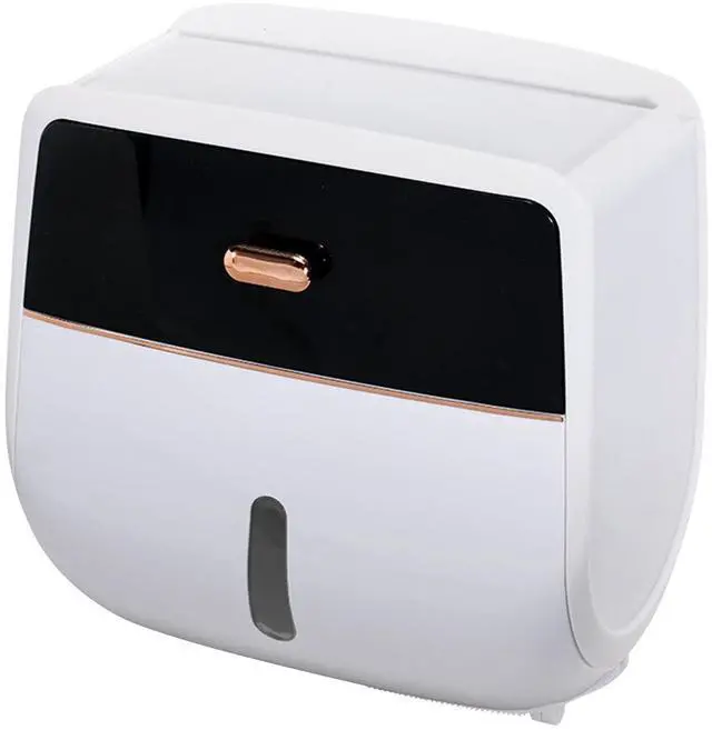 Main image of Toilet Paper Holder Wall Mount, Self Adhesive Paper Towels Holder with Drawer and Shelf Watertight Tissue Dispenser Semi-Auto Switch Toilet Tissue Roll Holders for Bathroom(Black)