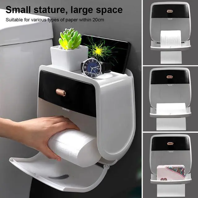 Alt view image 4 of 7 - Toilet Paper Holder Wall Mount, Self Adhesive Paper Towels Holder with Drawer and Shelf Watertight Tissue Dispenser Semi-Auto Switch Toilet Tissue Roll Holders for Bathroom(Black)