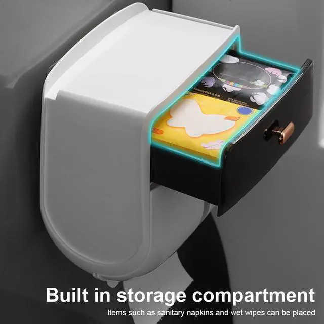 Alt view image 3 of 7 - Toilet Paper Holder Wall Mount, Self Adhesive Paper Towels Holder with Drawer and Shelf Watertight Tissue Dispenser Semi-Auto Switch Toilet Tissue Roll Holders for Bathroom(Black)