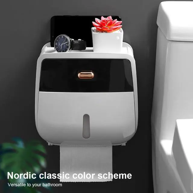 Alt view image 5 of 7 - Toilet Paper Holder Wall Mount, Self Adhesive Paper Towels Holder with Drawer and Shelf Watertight Tissue Dispenser Semi-Auto Switch Toilet Tissue Roll Holders for Bathroom(Black)