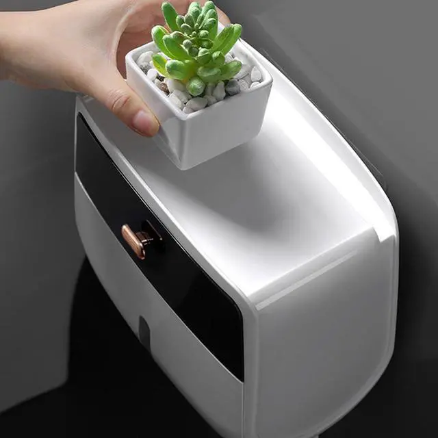 Alt view image 7 of 7 - Toilet Paper Holder Wall Mount, Self Adhesive Paper Towels Holder with Drawer and Shelf Watertight Tissue Dispenser Semi-Auto Switch Toilet Tissue Roll Holders for Bathroom(Black)