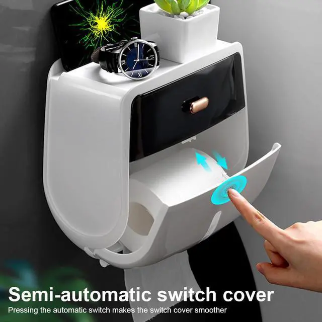 Alt view image 6 of 7 - Toilet Paper Holder Wall Mount, Self Adhesive Paper Towels Holder with Drawer and Shelf Watertight Tissue Dispenser Semi-Auto Switch Toilet Tissue Roll Holders for Bathroom(Black)