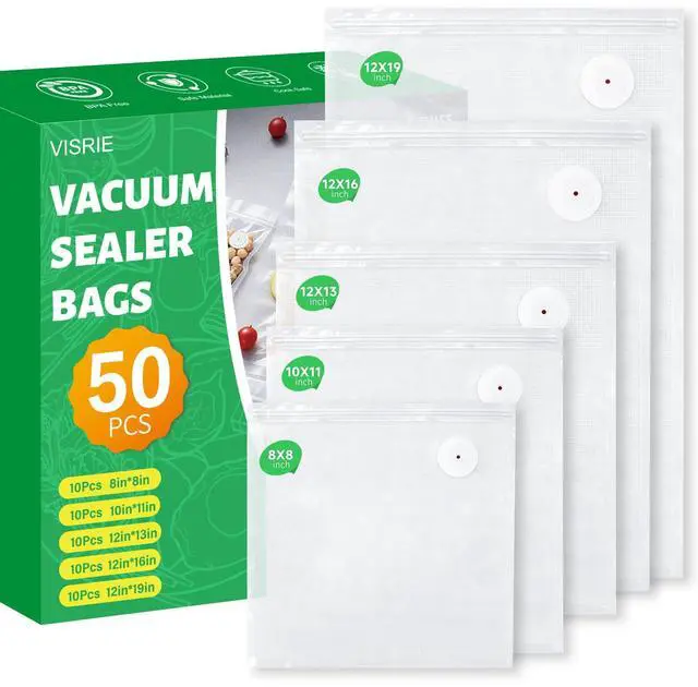 Main image of 50 Pack Reusable Vacuum Sealer Bags for Food, 5 Assorted Sizes, BPA-Free Food Storage Bag for Sous Vide Cooking or Microwave Heating, Compatible with Handheld Sealer and Vac Sealer Machine