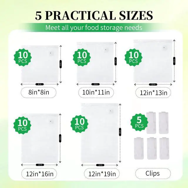 Alt view image 2 of 7 - 50 Pack Reusable Vacuum Sealer Bags for Food, 5 Assorted Sizes, BPA-Free Food Storage Bag for Sous Vide Cooking or Microwave Heating, Compatible with Handheld Sealer and Vac Sealer Machine