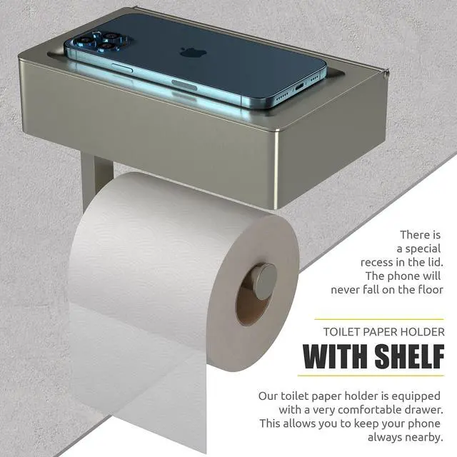Alt view image 3 of 7 - Brushed Nickel Toilet Paper Holder Wall Mounted with Shelf & Wipes Storage Stainless Steel SUS304 Modern Toilet Tissue Roll Holder for Bathroom, Kitchen Adhesive and Screw Installation