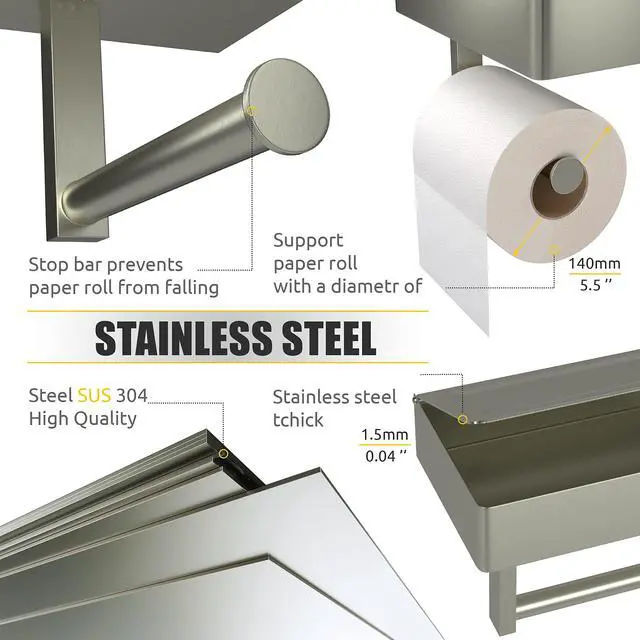Alt view image 4 of 7 - Brushed Nickel Toilet Paper Holder Wall Mounted with Shelf & Wipes Storage Stainless Steel SUS304 Modern Toilet Tissue Roll Holder for Bathroom, Kitchen Adhesive and Screw Installation