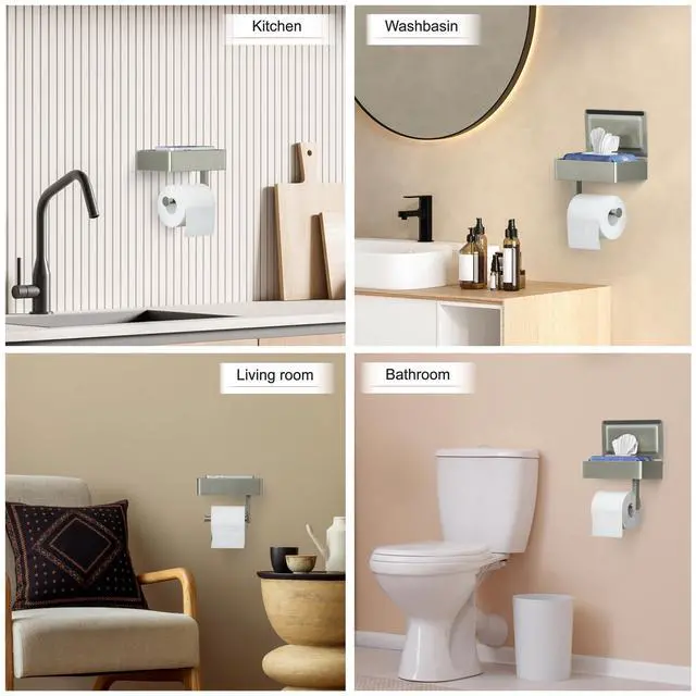 Alt view image 6 of 7 - Brushed Nickel Toilet Paper Holder Wall Mounted with Shelf & Wipes Storage Stainless Steel SUS304 Modern Toilet Tissue Roll Holder for Bathroom, Kitchen Adhesive and Screw Installation