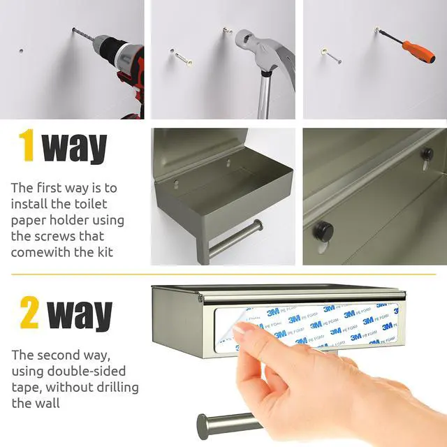 Alt view image 7 of 7 - Brushed Nickel Toilet Paper Holder Wall Mounted with Shelf & Wipes Storage Stainless Steel SUS304 Modern Toilet Tissue Roll Holder for Bathroom, Kitchen Adhesive and Screw Installation