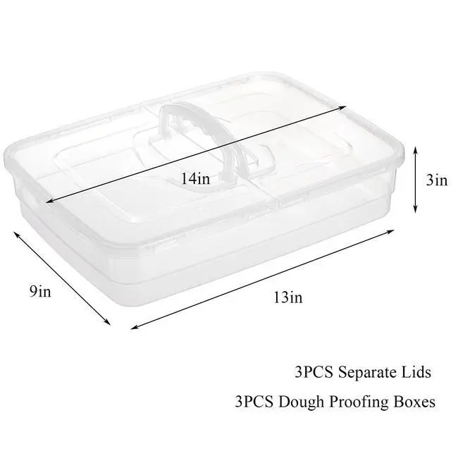 Alt view image 2 of 7 - 3 Pack Pizza Dough Proofing Box, 14 x 10 Inch Dough Trays with Lid and Handle for Pizza, Stackable Pizza Bread Fermentation Storage Containers, Translucent Box with Cover Dough Tray, BPA Free