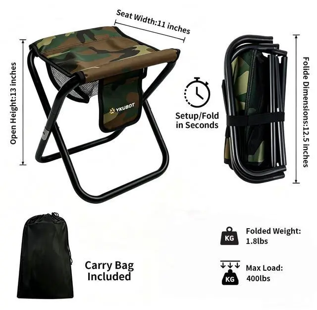 Alt view image 2 of 6 - Ultralight Folding Camping Stool - Portable Heavy Duty Camp Seat for Hiking, Fishing & Travel - Supports 400 lbs, Compact Small Slacker Chair for Outdoor Events & Backpacking (Camo)
