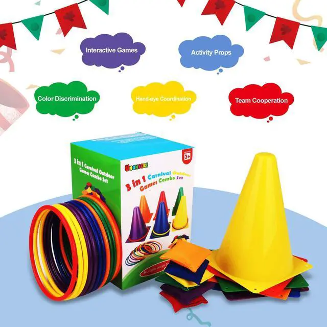 Alt view image 3 of 7 - 31PCS 3 in 1 Carnival Outdoor Games Combo Set for Kids, Soft Plastic Cones Bean Bags Ring Toss Game, Gift for Birthday Party/Xmas
