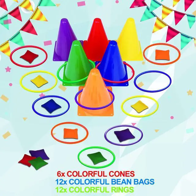 Alt view image 2 of 7 - 31PCS 3 in 1 Carnival Outdoor Games Combo Set for Kids, Soft Plastic Cones Bean Bags Ring Toss Game, Gift for Birthday Party/Xmas