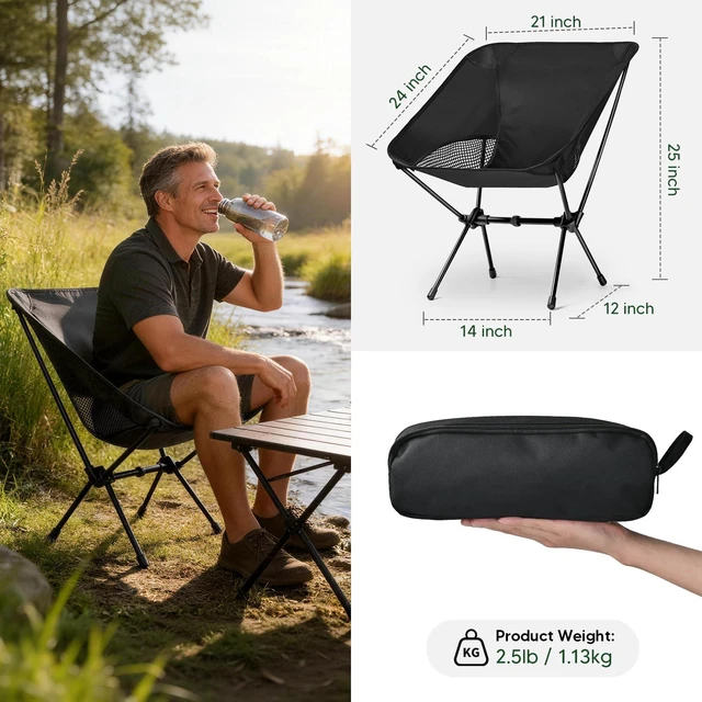 Alt view image 3 of 7 - Lightweight Portable Camping Chair - Folding Backpacking Hiking Chair with Carry Bag for Outdoor Travel, Beach, Picnic, Festival (Black)