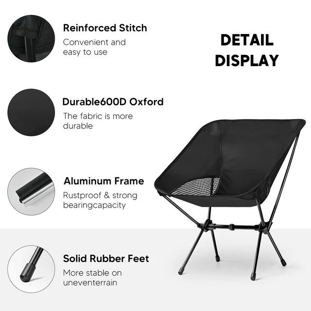 Alt view image 5 of 7 - Lightweight Portable Camping Chair - Folding Backpacking Hiking Chair with Carry Bag for Outdoor Travel, Beach, Picnic, Festival (Black)