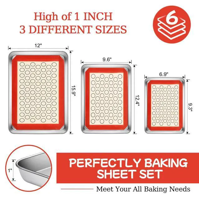 Alt view image 2 of 7 - Baking Sheet with Silicone Baking Mat Set,CEKEE Stainless Steel Baking Sheet Pan Tray, Cookie Sheets for Baking, 6PCS Baking Supplies Bakeware Sets for Oven Making Cookies, Macaroons, Bread