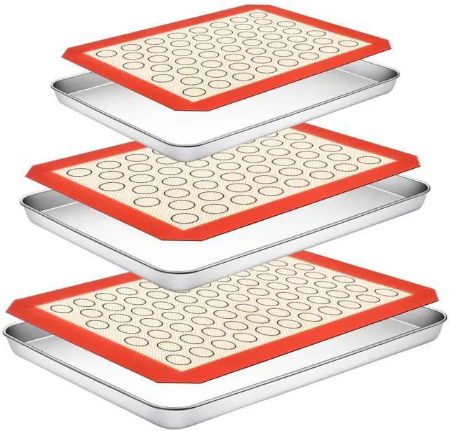 Main image of Baking Sheet with Silicone Baking Mat Set,CEKEE Stainless Steel Baking Sheet Pan Tray, Cookie Sheets for Baking, 6PCS Baking Supplies Bakeware Sets for Oven Making Cookies, Macaroons, Bread