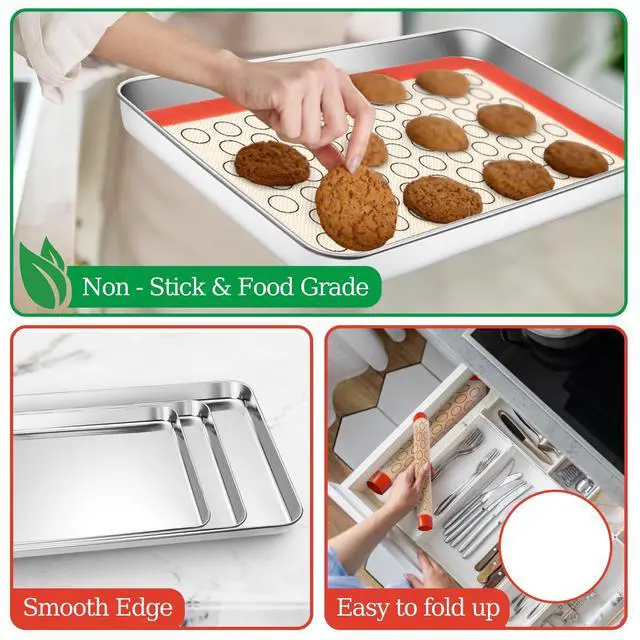 Alt view image 5 of 7 - Baking Sheet with Silicone Baking Mat Set,CEKEE Stainless Steel Baking Sheet Pan Tray, Cookie Sheets for Baking, 6PCS Baking Supplies Bakeware Sets for Oven Making Cookies, Macaroons, Bread