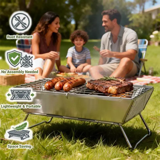 Alt view image 4 of 7 - 16x9 inches Small Portable Charcoal Grill, Foldable Portable Grill, Tabletop Charcoal Grills for Camping, Picnics, Gardens and Beach Parties