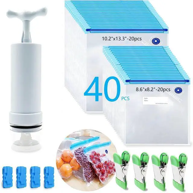 Main image of Sous Vide Cooking Bags - Set of 40 | BPA-Free Reusable Vacuum Seal Bags with Air Valve for Joule and Anova Cookers | Freezer Safe Vacuum Food Storage Bags with Upgraded Hand Pump Included