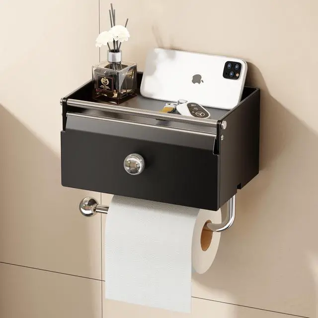 Main image of Toilet Paper Holder with Shelf, Flushable Wipes Dispenser for Bathroom, Adhesive Toilet Paper Roll Holder with Storage Wall Mount Stick On Bathroom Tissue Holder Front Flip Design (Matte Black)